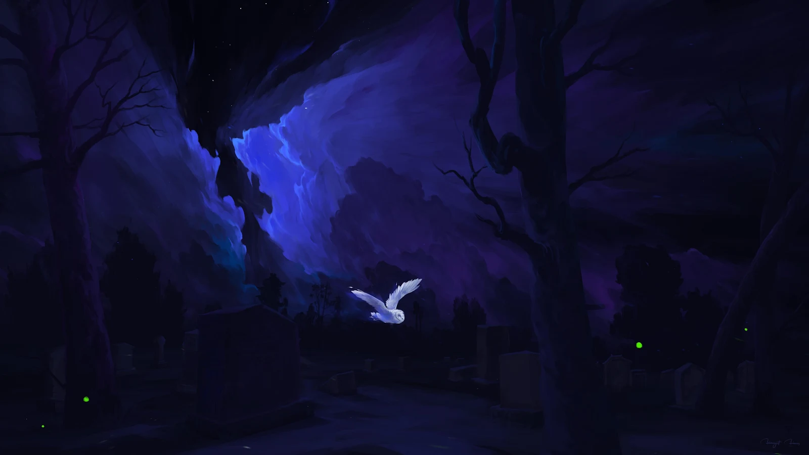Glowing Owl Over Spooky Graveyard - Fantasy Illustration 4K Wallpaper (3840x2160)