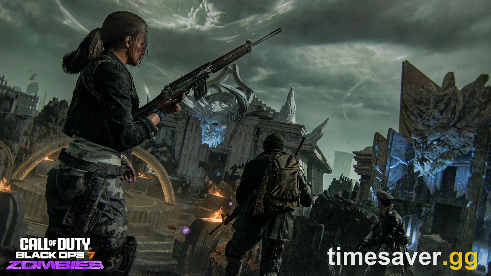 Black Ops 7 Zombies crew advancing through the Rex Infernus map toward a Dark Aether structure