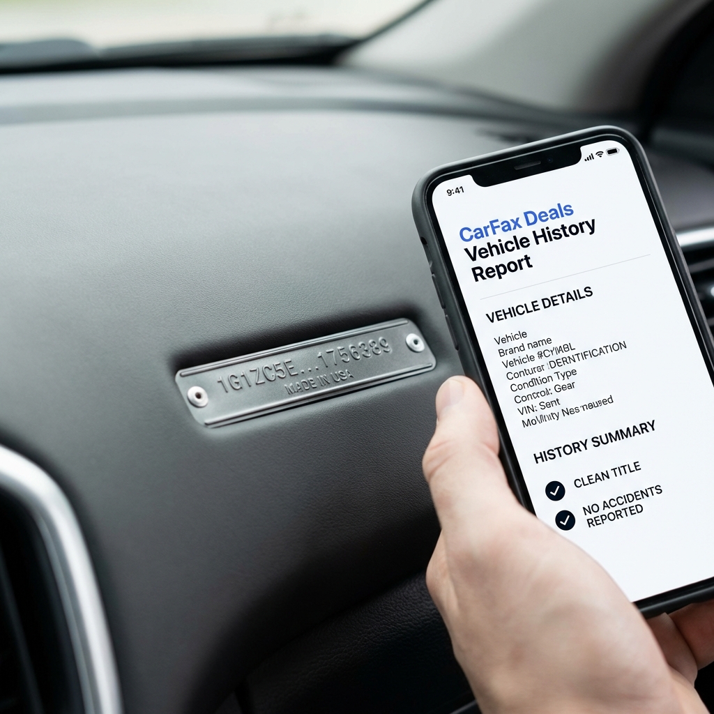 Close up of a VIN plate on a dashboard and a hand holding a smartphone showing a vehicle history report with CarFax Deals blue accents illustrating car prices and history