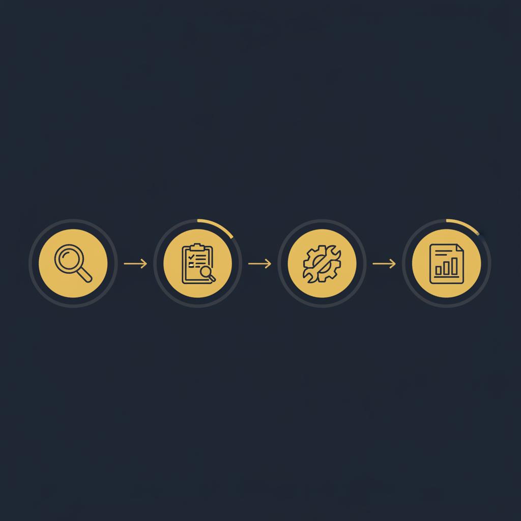 Minimal 2D vector infographic flowchart of four icons (magnifying glass, checklist, wrench, bar chart) connected by gold arrows on a dark navy background &mdash; Semrush review