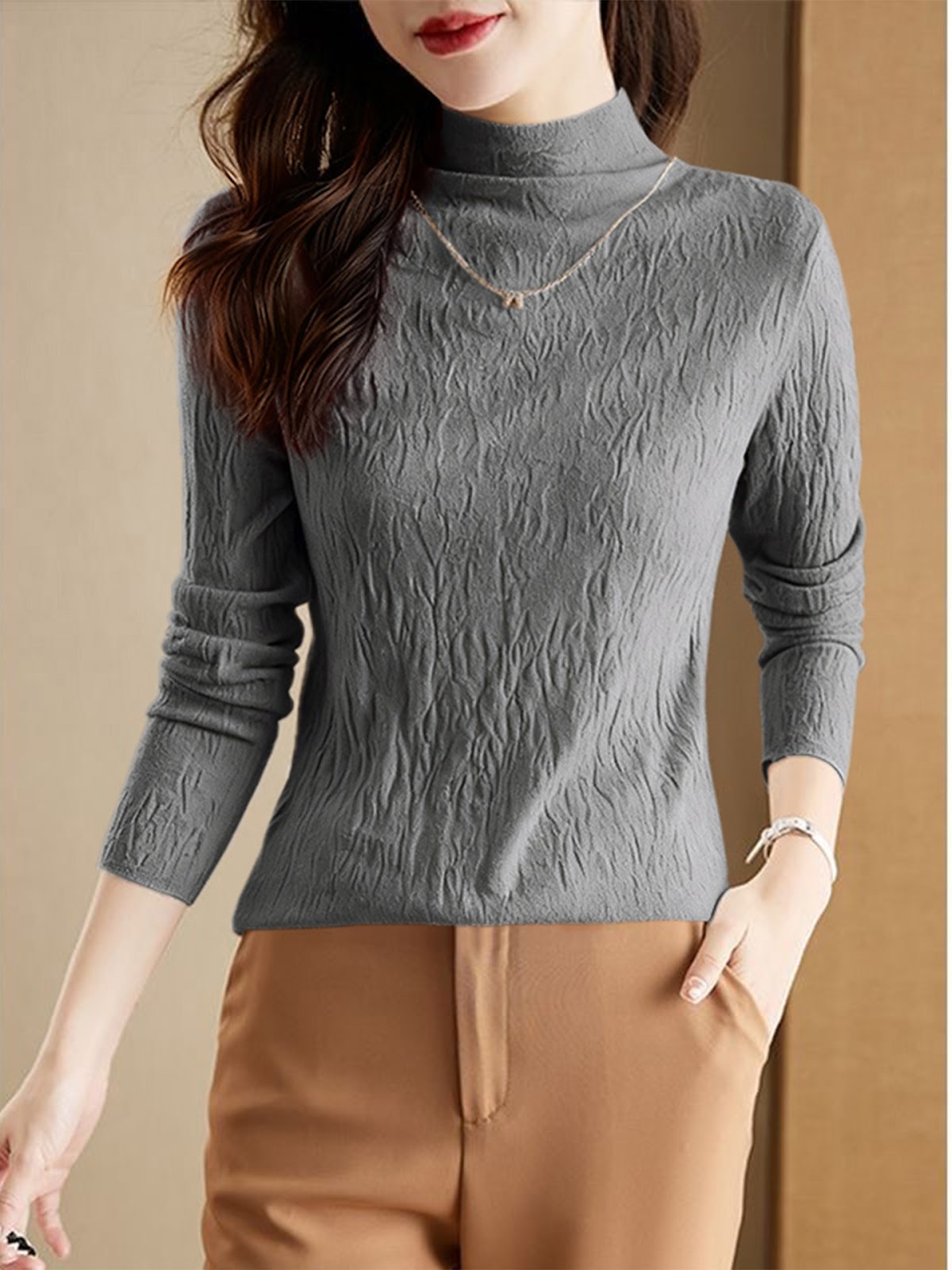 Women's Wool Sweater with Stand-Up Collar, Structured