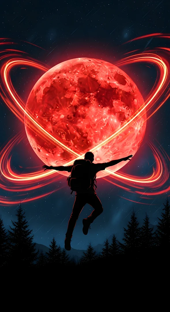 Silhouette Jumper Against Giant Red Moon with Neon Rings