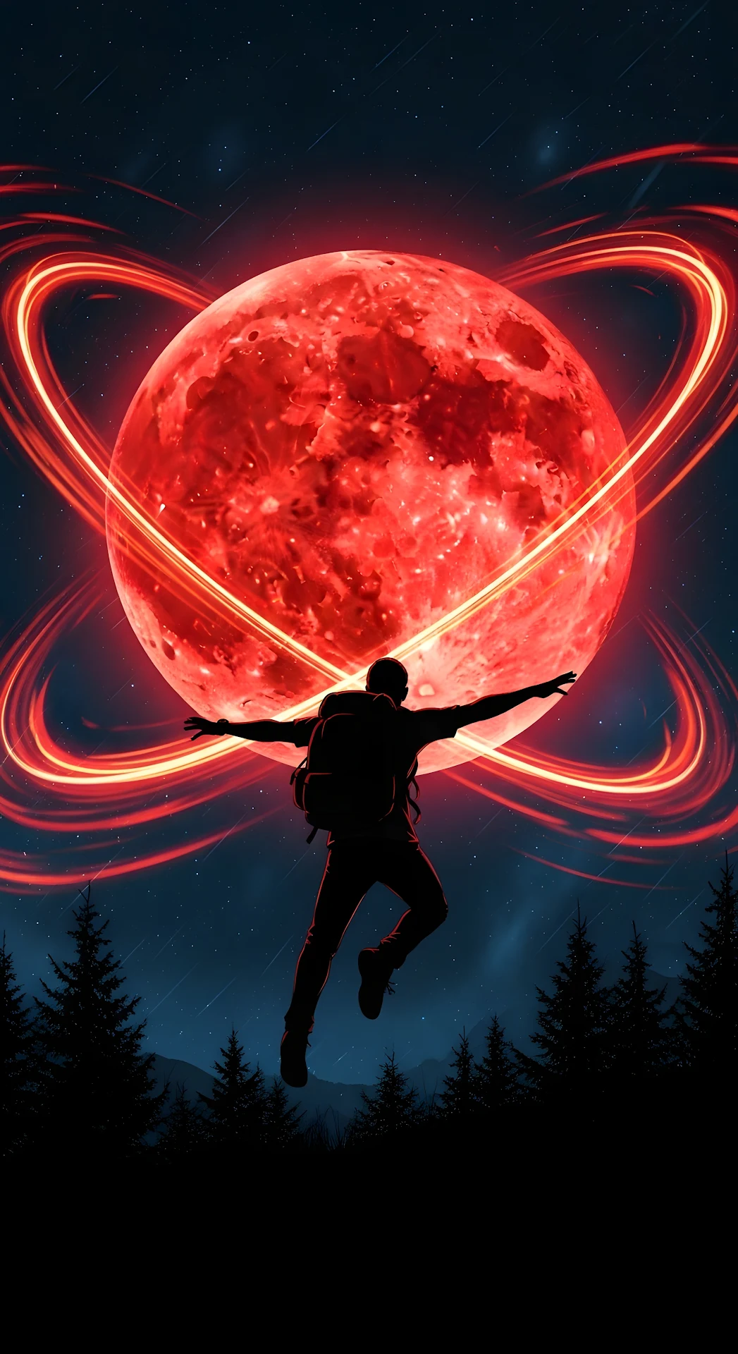 Silhouette Jumper Against Giant Red Moon with Neon Rings - Free 4K mobile Wallpaper