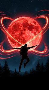 Silhouette Jumper Against Giant Red Moon with Neon Rings