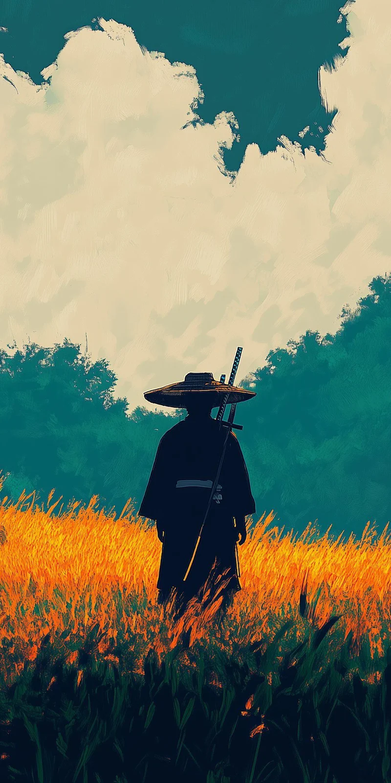 Samurai Standing in Golden Field - Digital Painting Full HD iPhone Wallpaper (1080x2160)