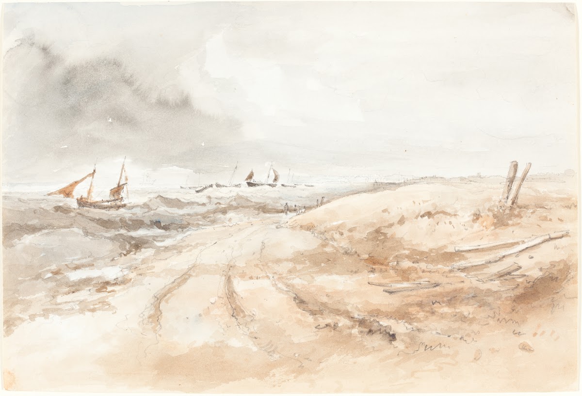 Shore Scene with Boats in Choppy Water first half 19th century