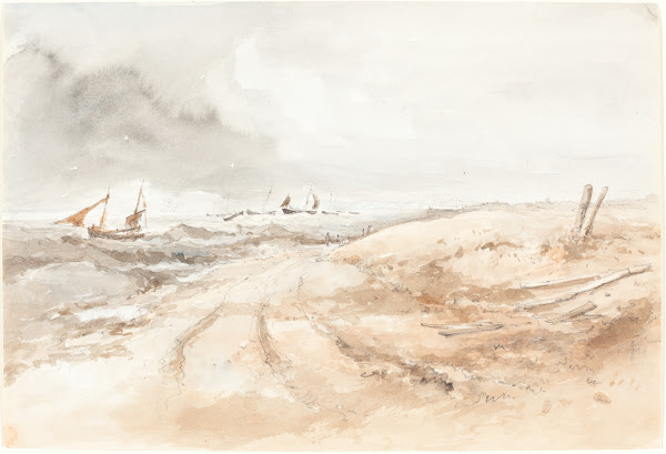 Shore Scene with Boats in Choppy Water first half 19th century