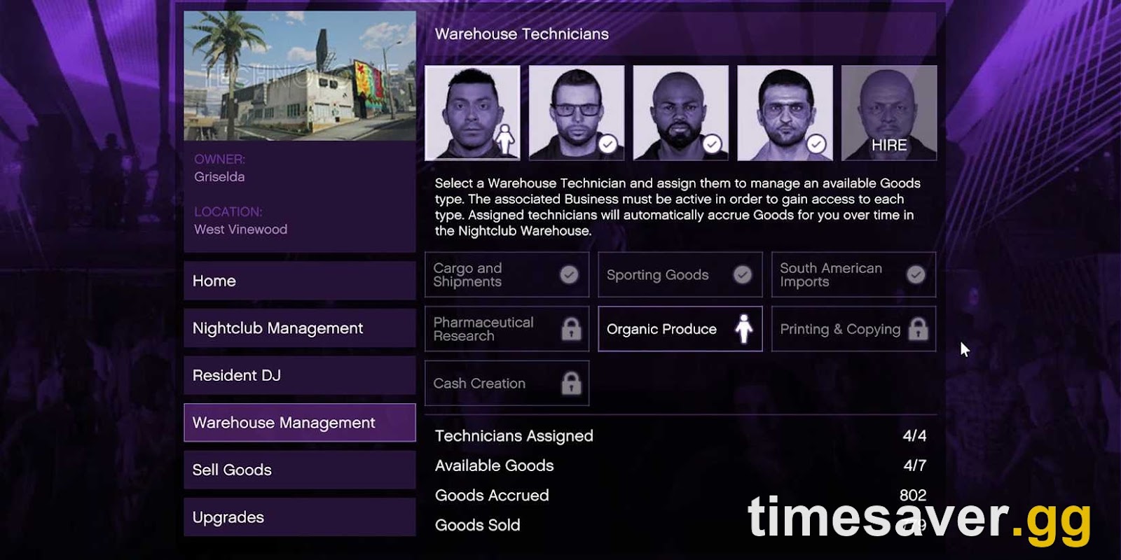 The GTA Online Nightclub warehouse management screen showing assigned technicians accruing goods, a top passive-income business