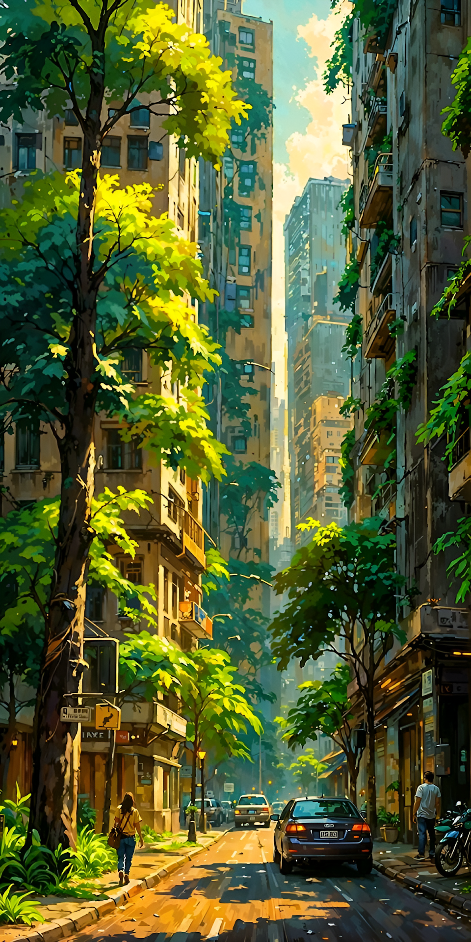 Vibrant Urban Jungle Alley Impressionist City Painting - Free 4K mobile Wallpaper