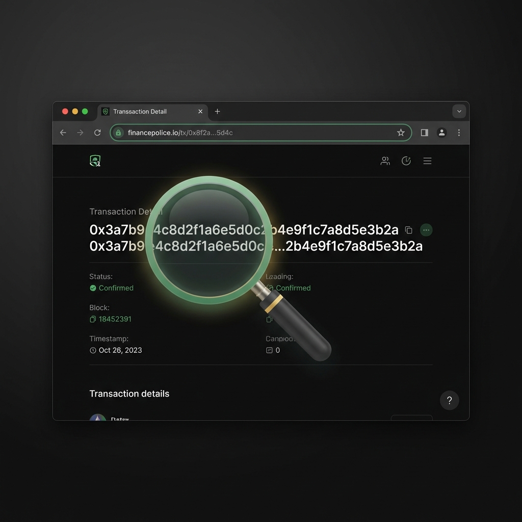 Close up browser view of a transaction hash on an on chain explorer with a magnifying glass indicating verification finance police most recent cryptocurrency news