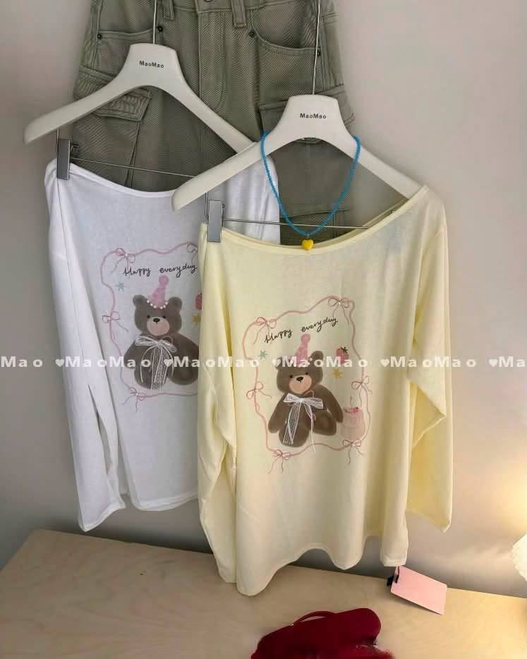 Áo thun dài tay lệch vai in hình chú gấu sinh nhật XONXEN SHOP 830 – Image 4