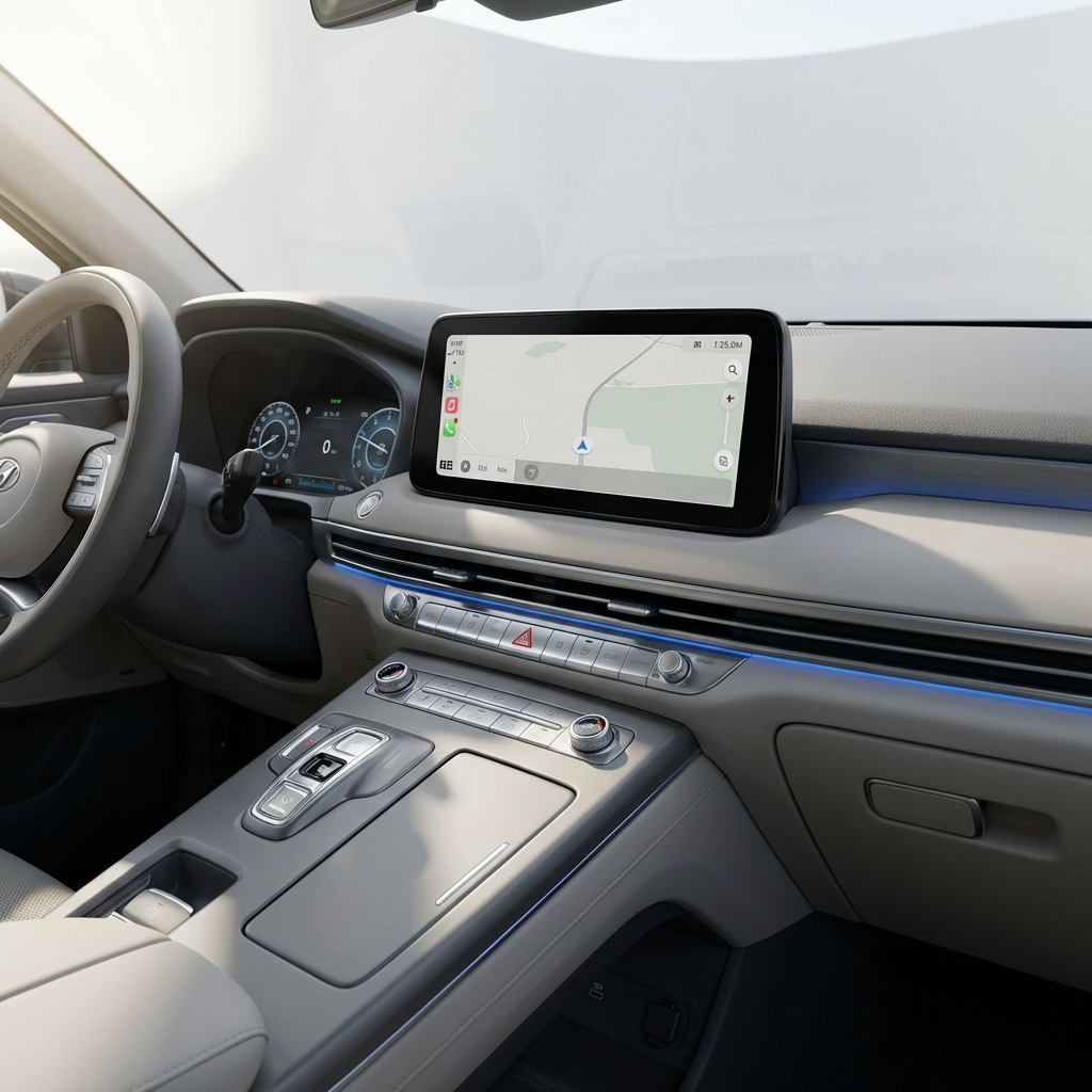 kia vs toyota close up car dashboard with modern infotainment and blue accent lighting minimalist full frame