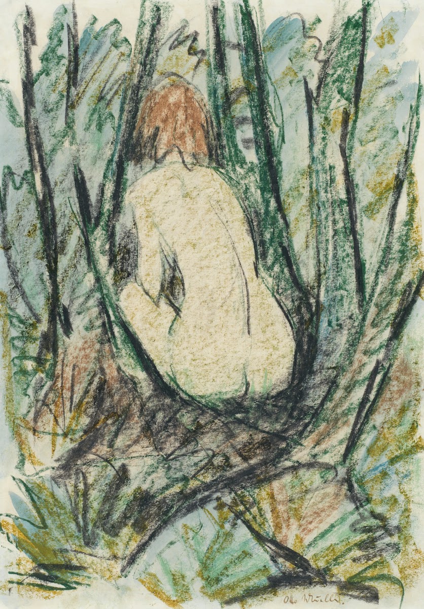 Sitzender Rückenakt im Wald circa 1925