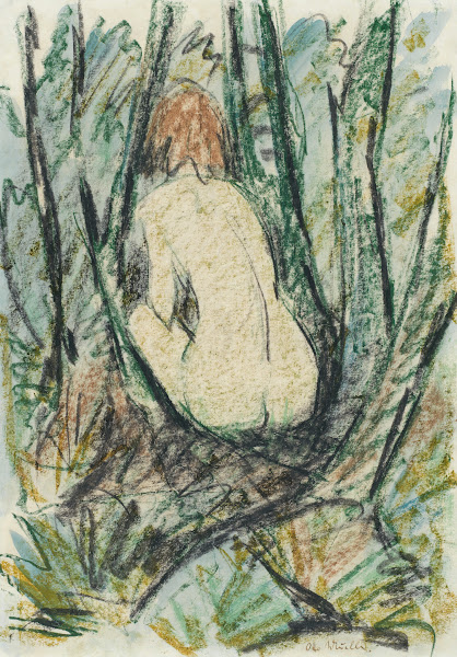 Sitzender Rückenakt im Wald circa 1925