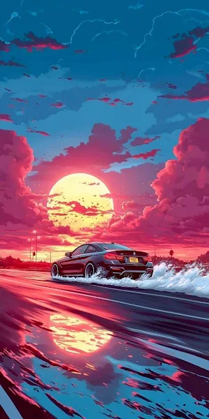 Car, Sunset, Artwork, Automotive iPhone Wallpaper Background