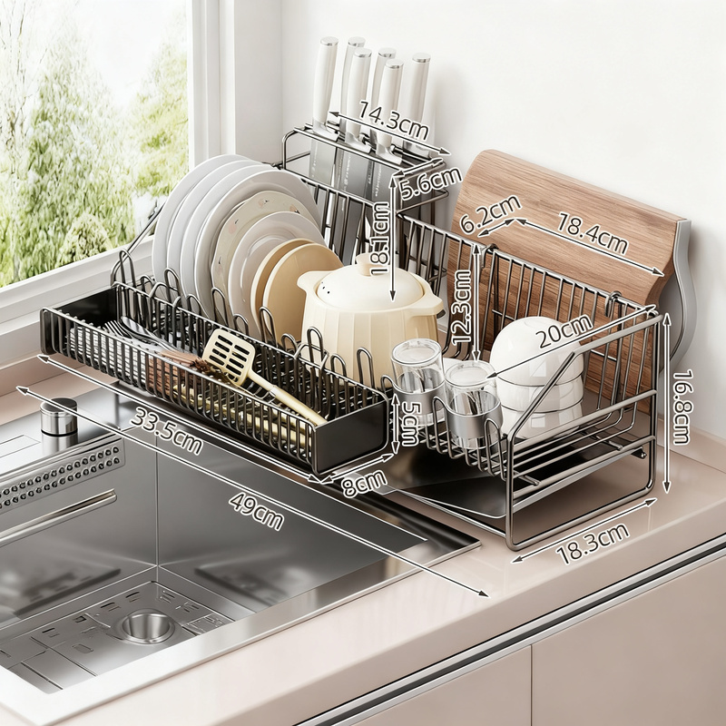 Dish rack with draining tray, expandable, steel frame