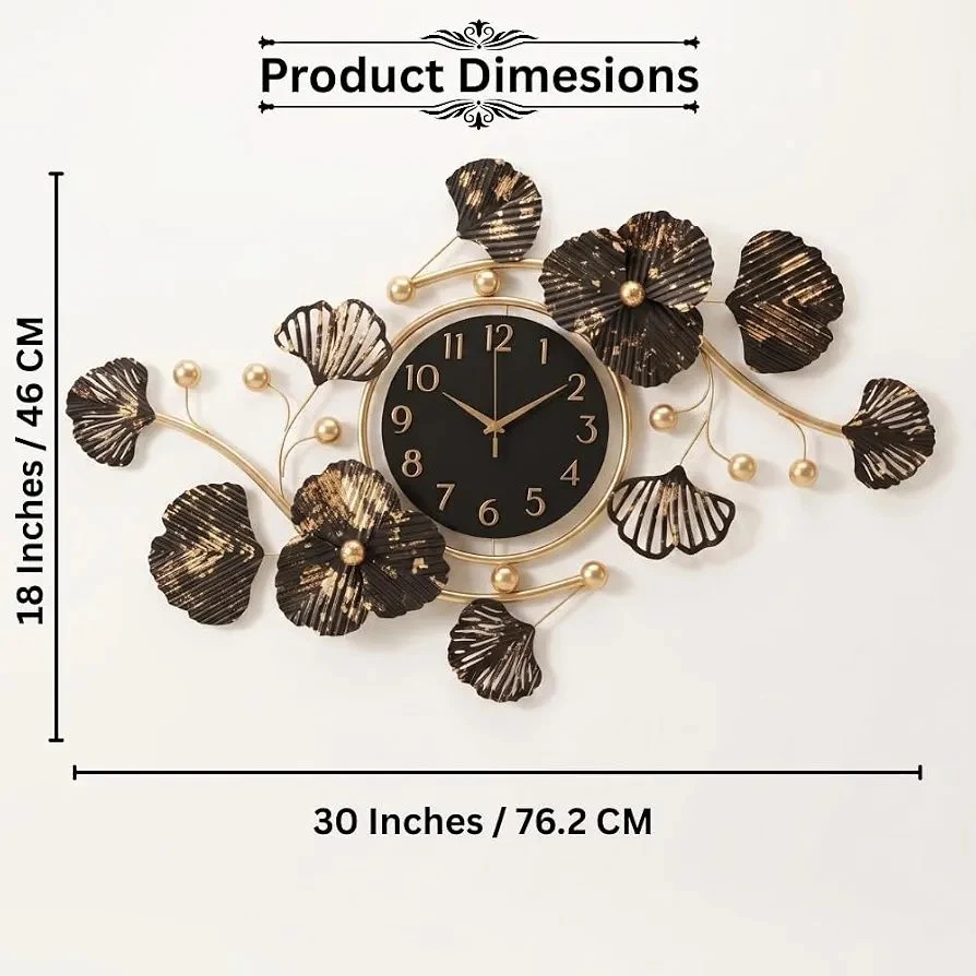 Artisan Metal Wall Clock for Hall 30 Inch | Handcrafted 3D Ginkgo Leaf Wall Decor Clocks for Living Room | Antique Gold Black Wall Watch | Silent Quartz Home Decoration Items