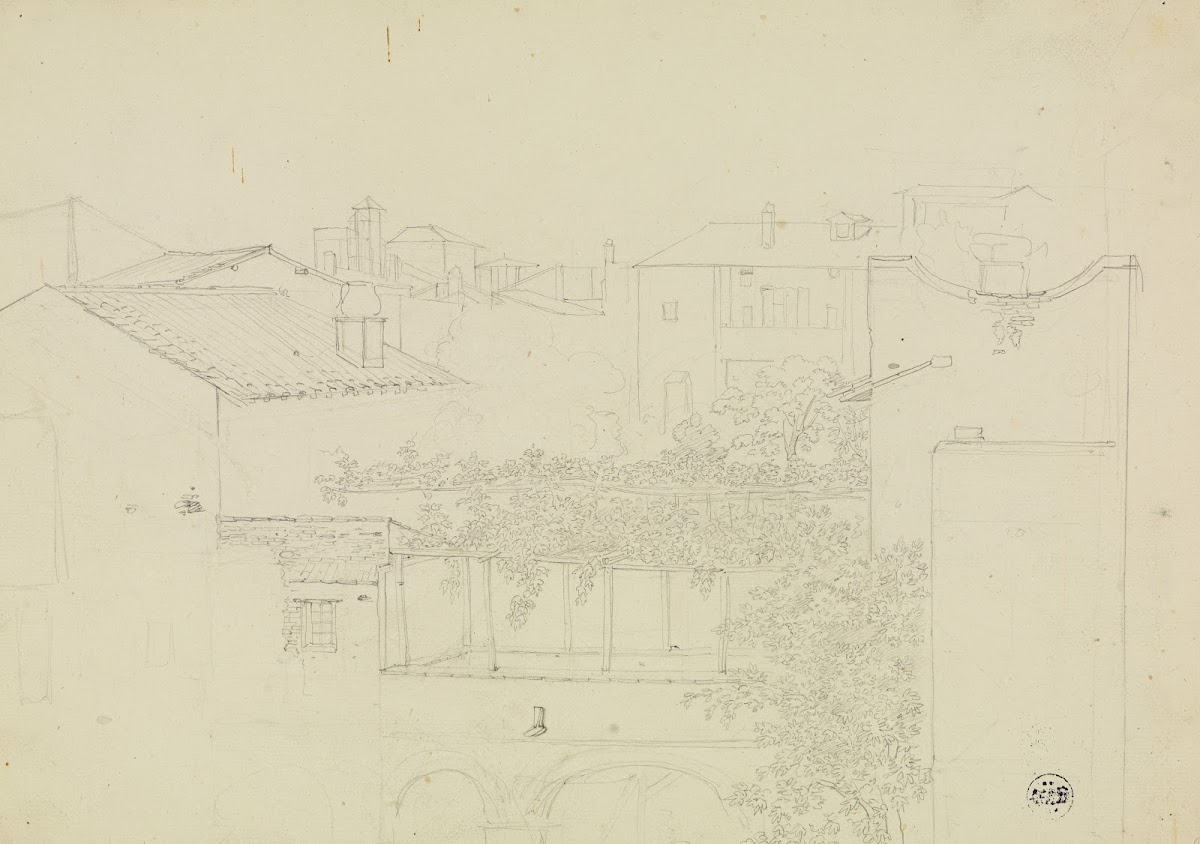 Blick auf Hinterhäuser und eine Pergola in einer italienischen Stadt 1827 1829