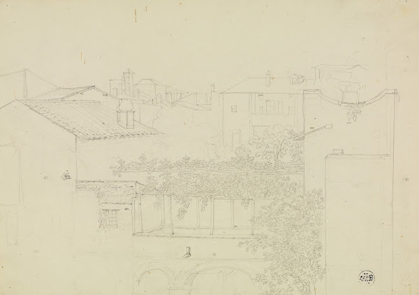 Blick auf Hinterhäuser und eine Pergola in einer italienischen Stadt 1827 1829