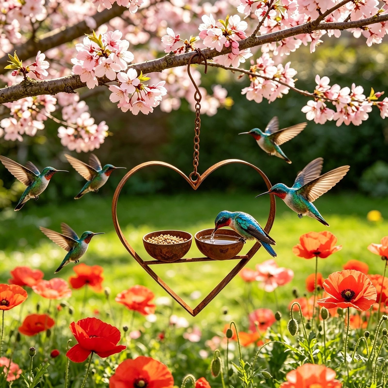 Heart-shaped metal bird feeder with two bowls