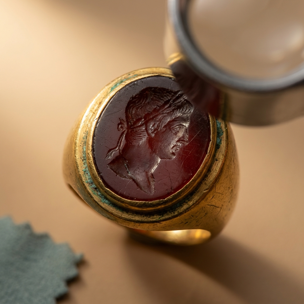 Macro jeweler loupe view of a roman gold ring bezel and intaglio showing patina and wear on a warm beige background