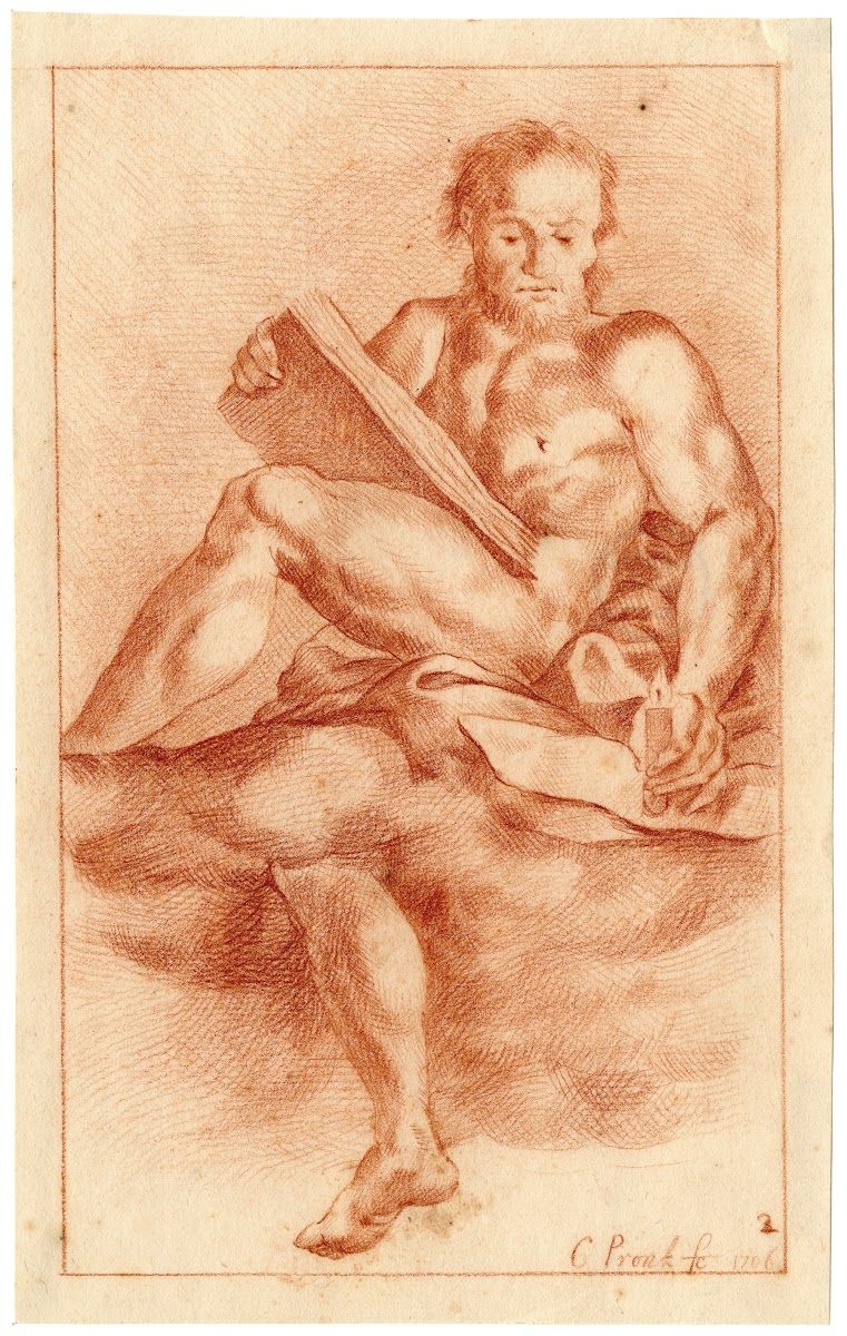 Tekening van naakte man in de wolken met boek en kaars
