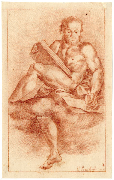 Tekening van naakte man in de wolken met boek en kaars