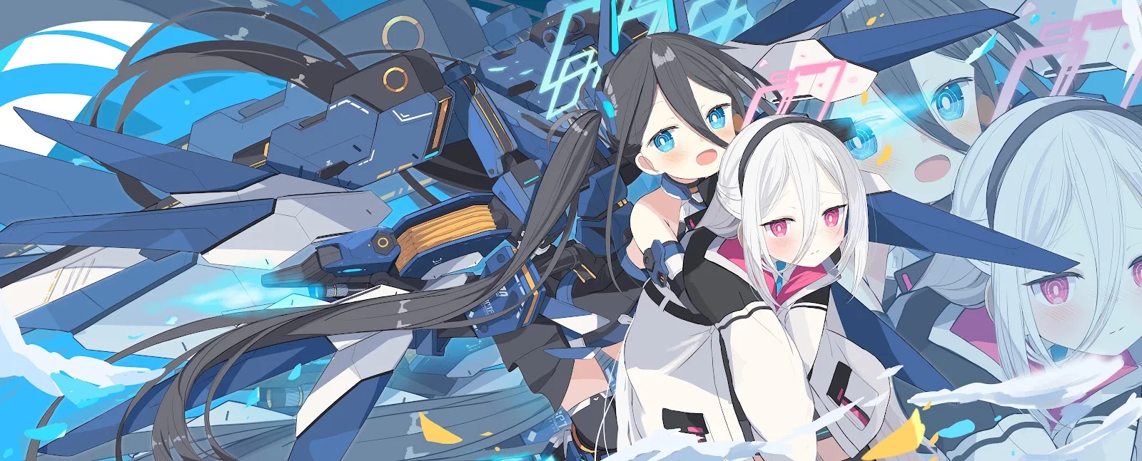 Anime Girls With Futuristic Mecha - Anime Digital Illustration 5K Wallpaper (7394x2988)
