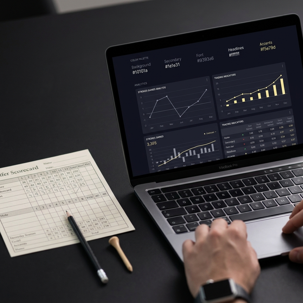 Close up of a golfer scorecard next to a laptop showing strokes gained charts and data driven analysis illustrating Common Golf Trading Mistakes on a minimalist dark navy background