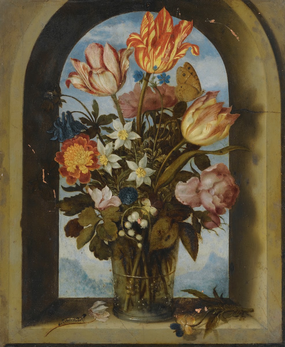 Still Life Of Tulips Moss Roses Lily Of The Valley And Other Flowers In A Glass