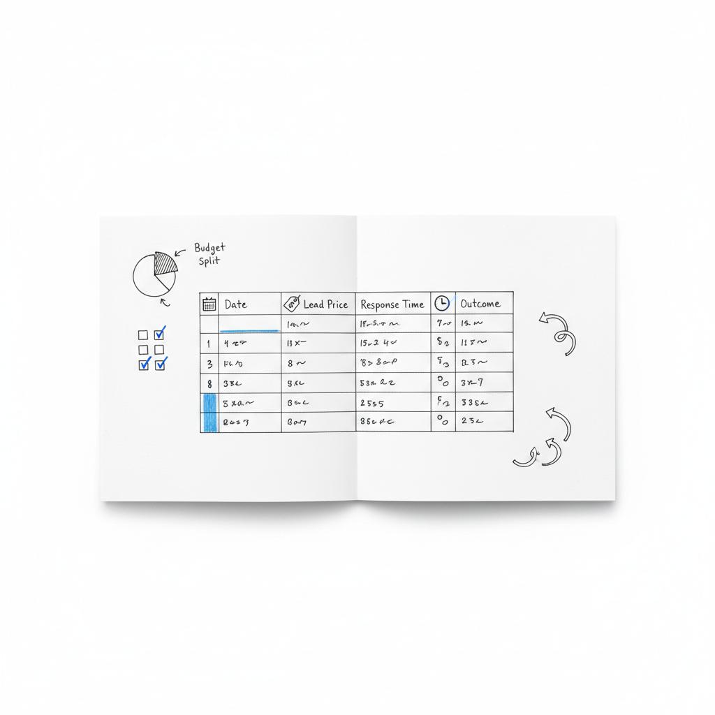 Closeup notebook doodle of a simple spreadsheet with calendar, dollar, clock and checkmark icons; blue pen accents highlight key rows &mdash; visual for Thumbtack cost.