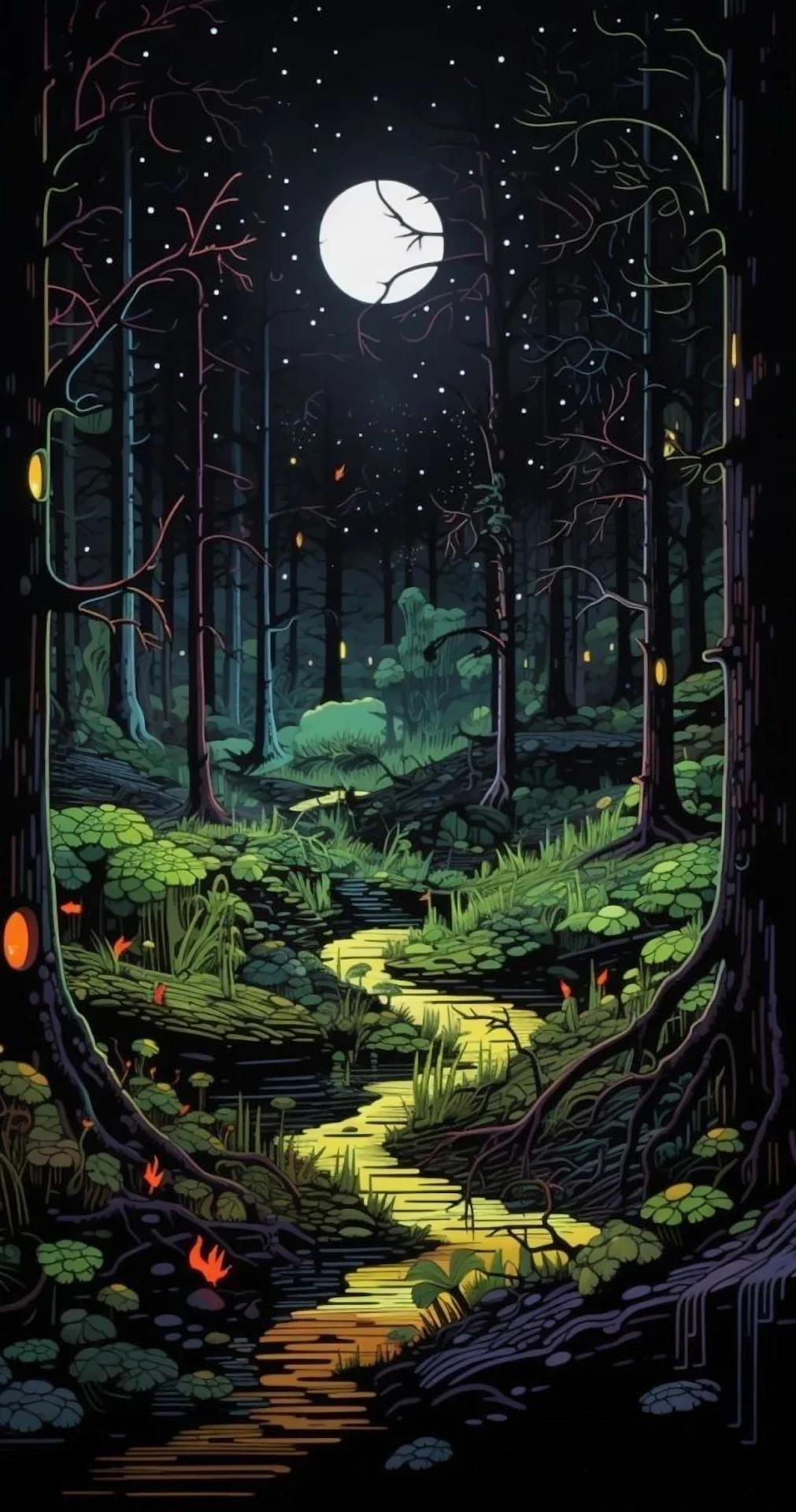 Enchanted Forest Night Art Glowing Stream Moon - Free 4K mobile Wallpaper