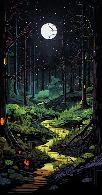 Enchanted Forest Night Art Glowing Stream Moon - Free mobile Wallpaper