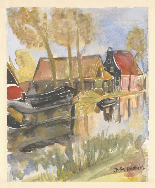 Huizen en boot aan water
