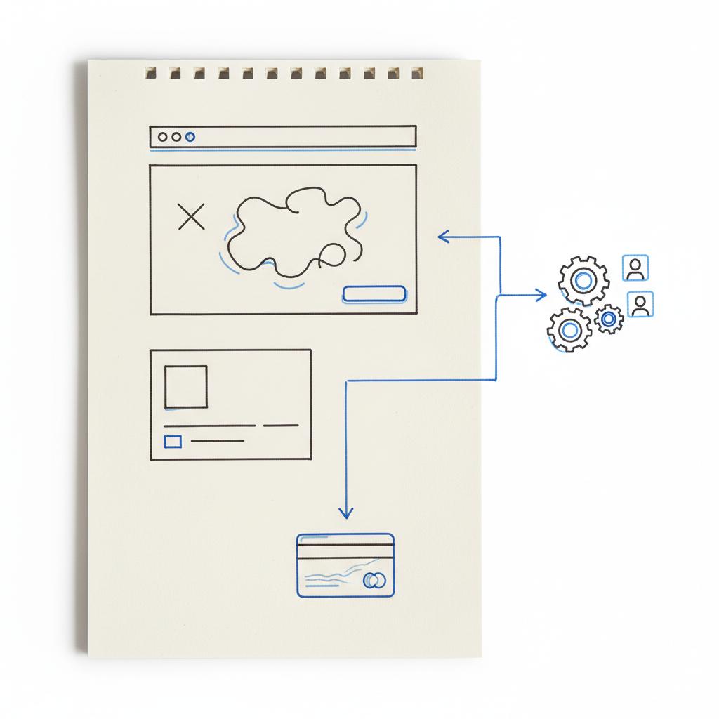 Close-up notebook sketch of webpage wireframe with header, hero, product card and arrows to CRM and payment icons, subtle blue accents &mdash; hire website developer