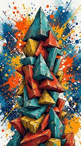 Abstract Composition of Geometric Pyramids with Vibrant Paint Splatters