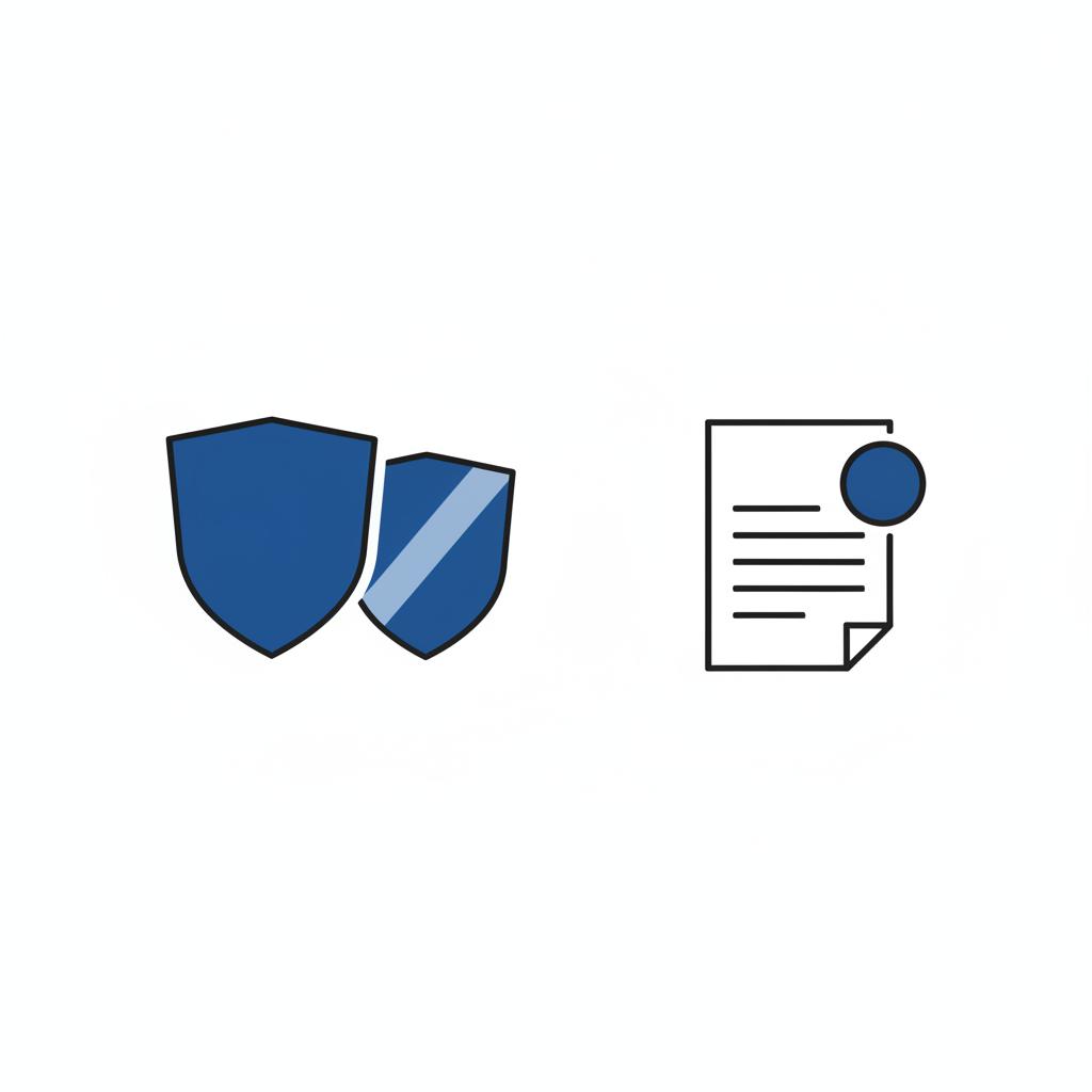 Minimalist 2D vector side by side icons of two generic government shields and a folded paid vehicle history report with coin accent in CarFax Deals colors vin lookup kbb