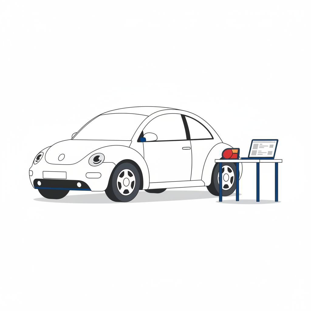 Minimalist 2D vector of a 2002 Volkswagen New Beetle parked beside a table with a tail lamp assembly and a laptop showing a parts catalog volkswagen beetle for sale