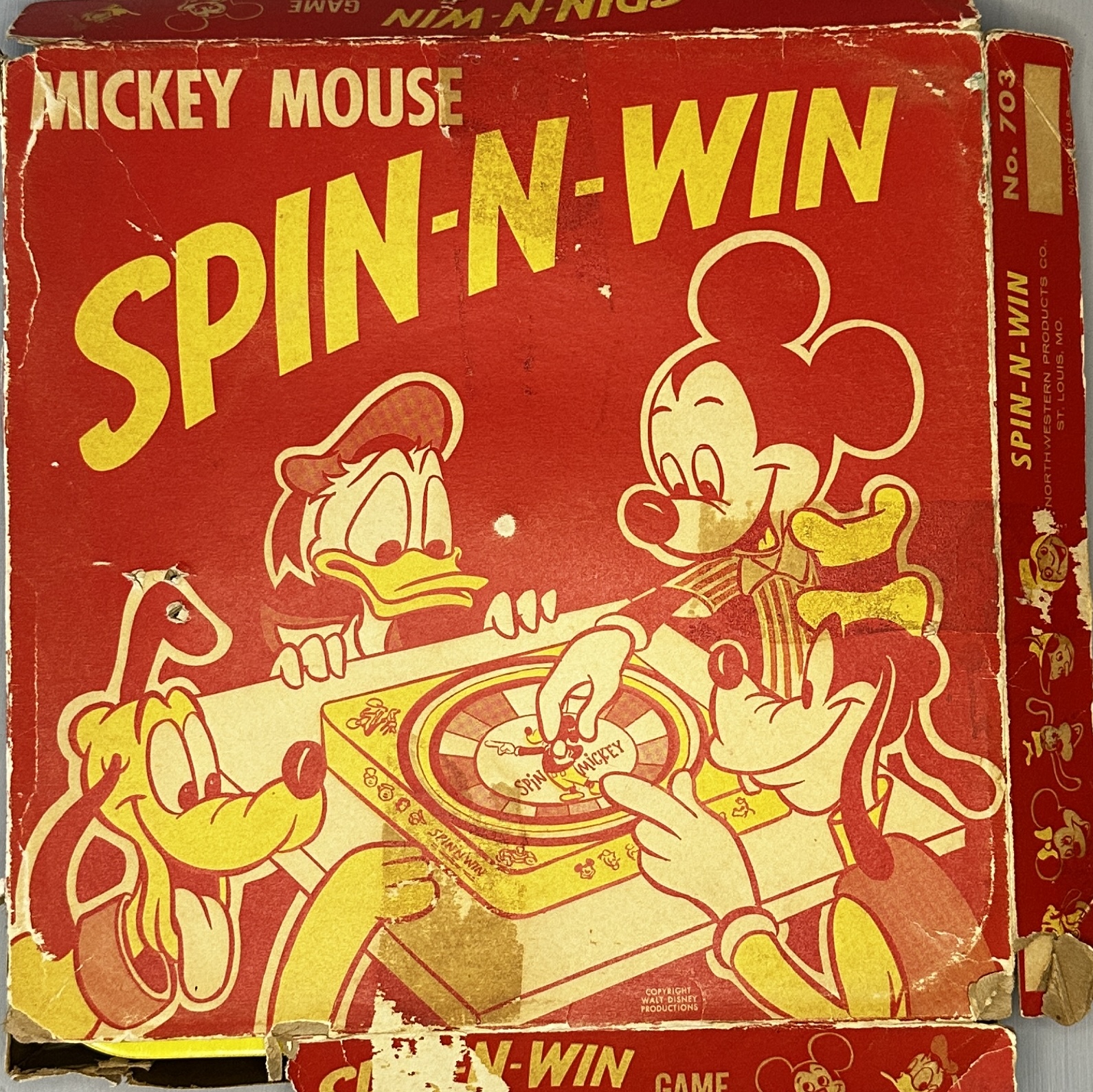 Mickey Mouse Spin-N-Win Game by Northwestern Products Co., tin lithographed spinner game featuring Mickey Mouse and friends, 1950s-1960s