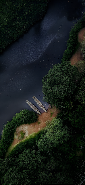 Aerial View of Two Canoes Docked on Dark Jungle Riverbank - Free mobile Wallpaper