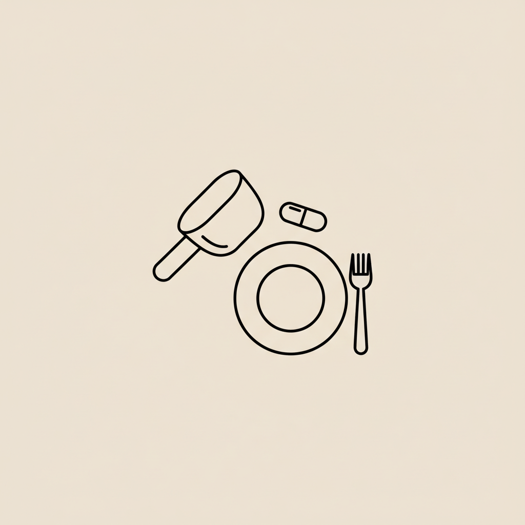 Minimalist Tonum-style vector line illustration of a protein scoop, plate with fork, and capsule on beige background - best protein powder for meal replacement