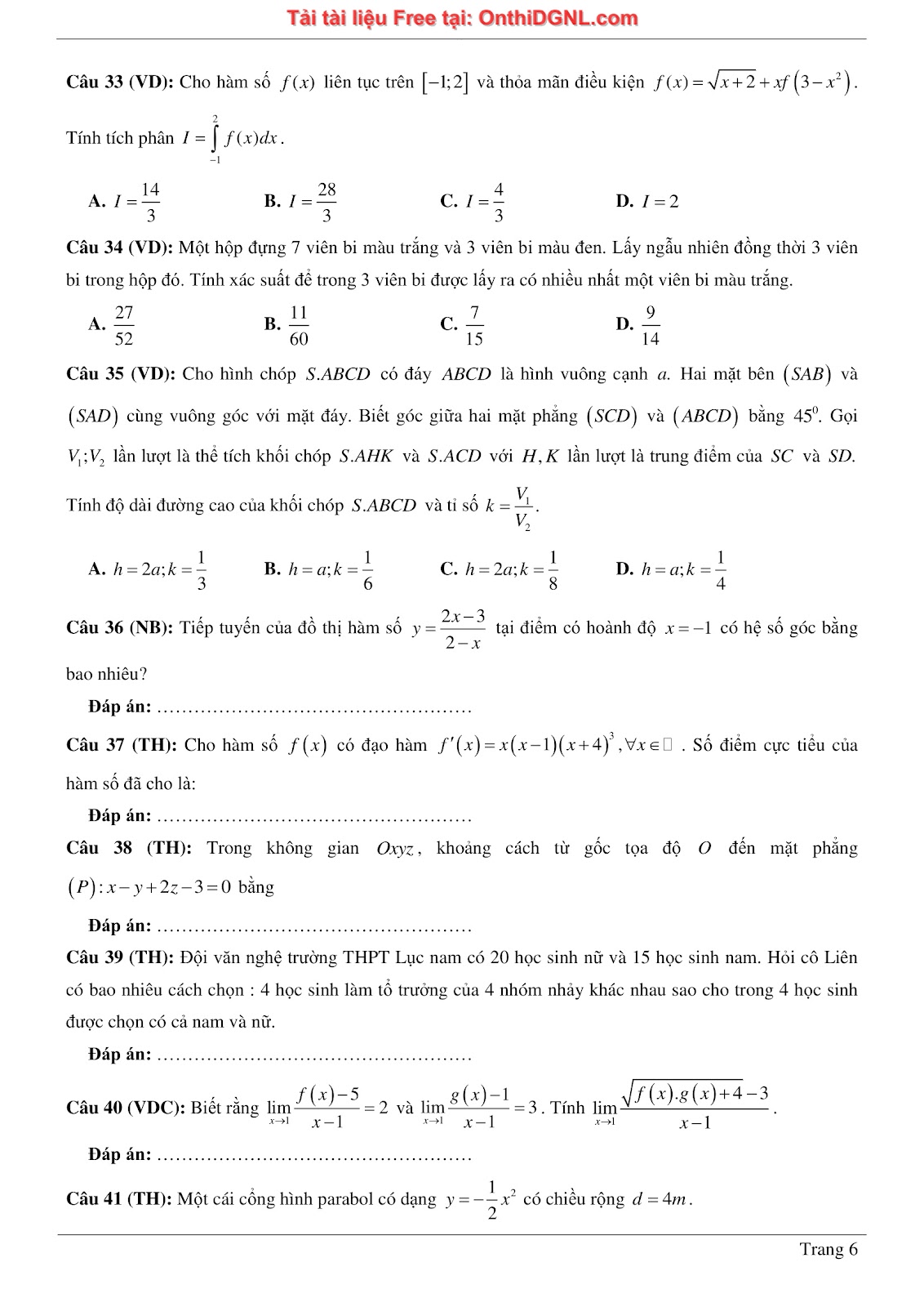 1300 bài tập môn Toán - Ôn thi ĐGNL ĐHQG Hà Nội Phần 7
