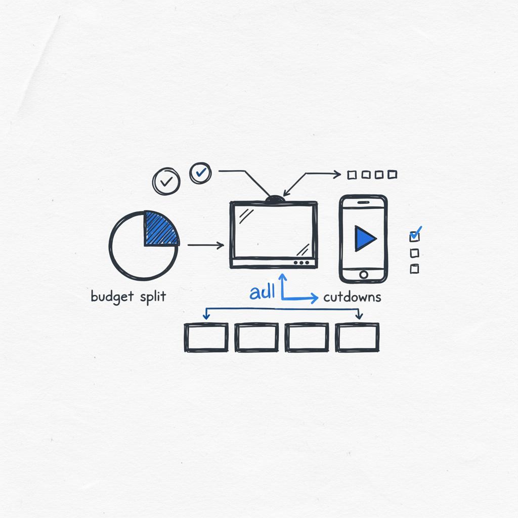 Minimalist vector sketch of a strategy page showing TV, smartphone video, pie chart and arrows to smaller cutdowns illustrating 30 second ad cost repurposing