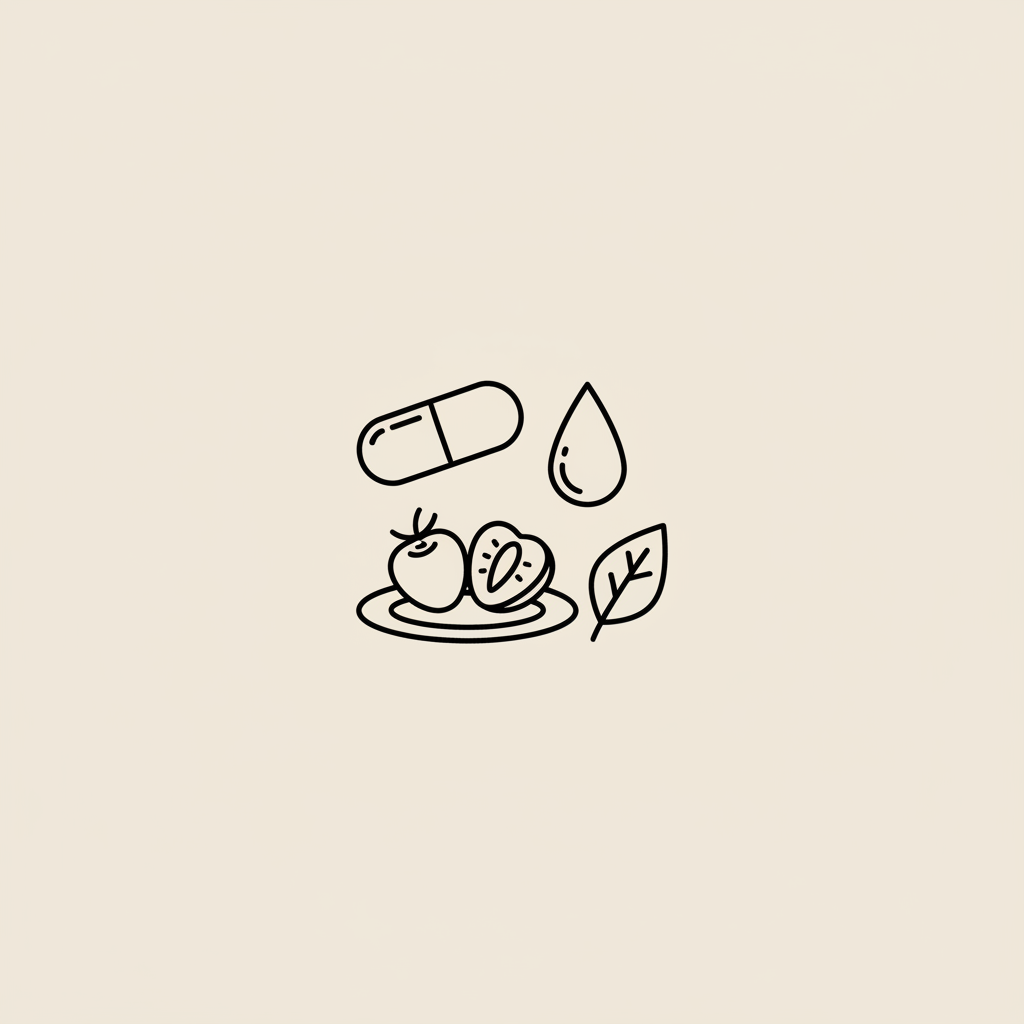 Tonum-style line illustration of a capsule, half berry on a plate, water droplet and leaf on beige background representing prescription weight loss medications.