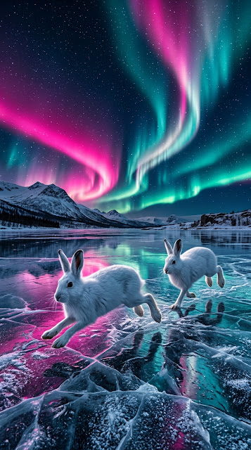 Icy Lake Reflecting Vivid Aurora with Arctic Hares - Free mobile Wallpaper