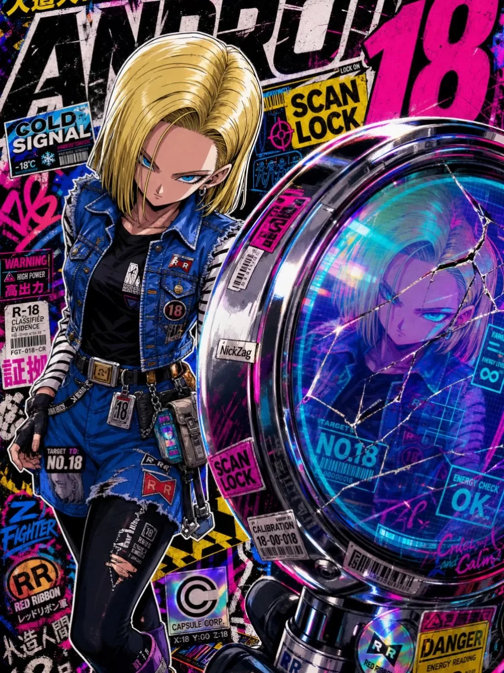 Póster de revista de moda cyberpunk Android 18