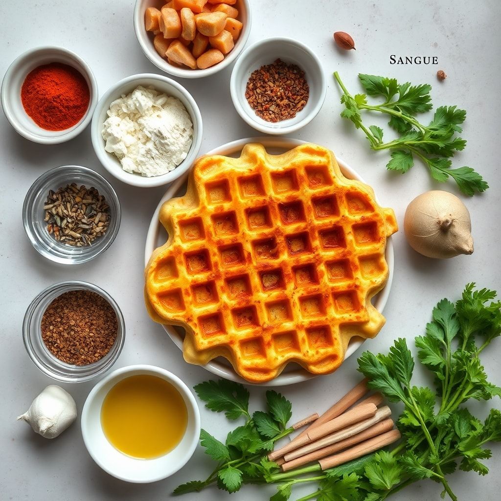 Ingredients for These savory potato waffles taste like delicious potato pancakes or latkes but with an amazingly crisp and golden crust (Easy 30-Minute Brunch)