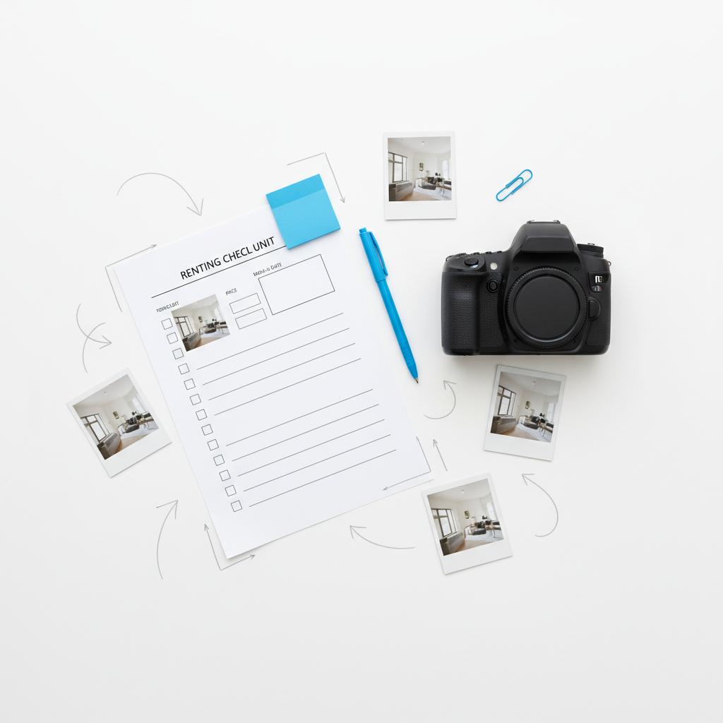 Top-down desk scene with a rental checklist, DSLR camera, and printed listing thumbnails in Agency Visible minimalist style with #1a5bfb accents &mdash; where to advertise rental properties