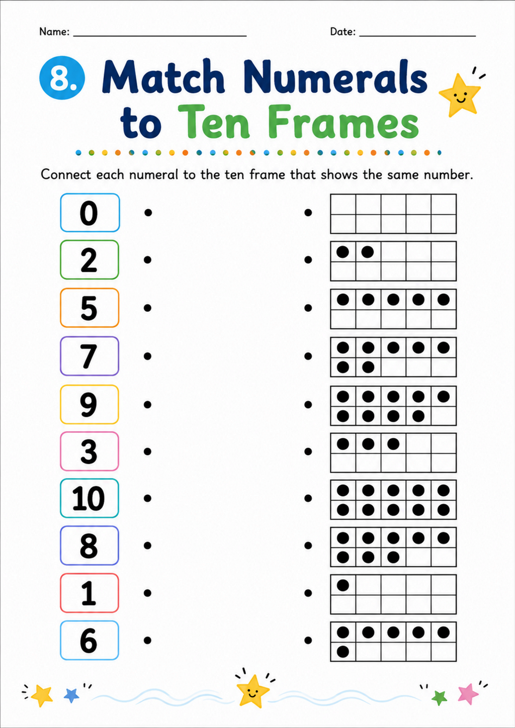 Match Numerals to Ten Frames Worksheet