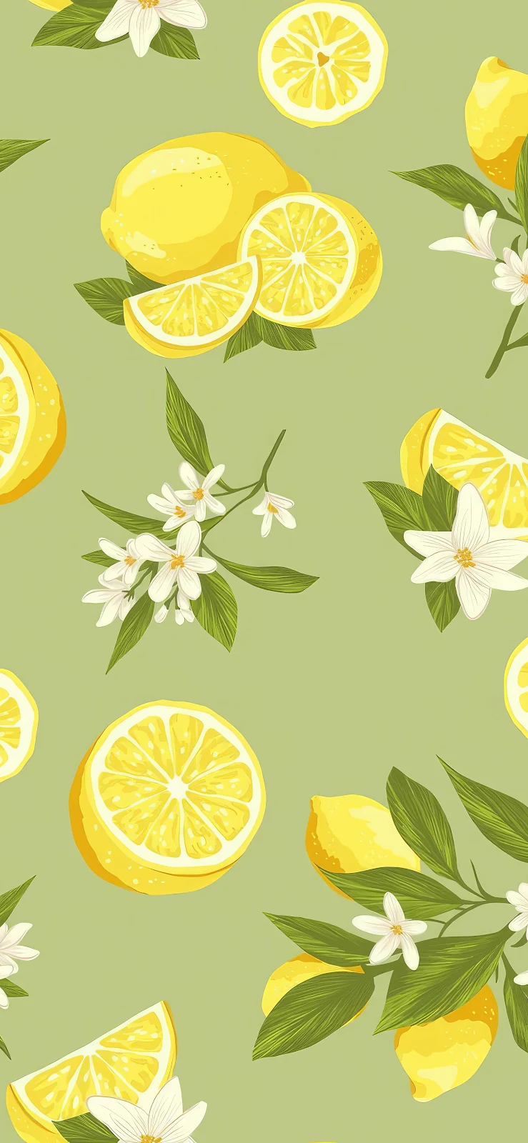 Fresh Lemon and Blossom Pattern - Botanical Illustration 2K iPhone Wallpaper (2084x4512)